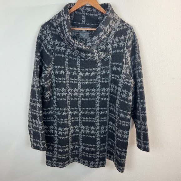 Tahari Cardigan Sweater 1X Women Black Gray‎ Knit Wool Blend Longline Button - Picture 1 of 11